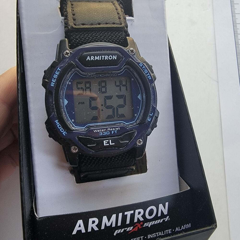Armitron Mens Digital Sport Watch Gray LCD Black Blue Nylon Strap 100M